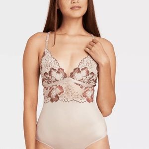 (A54) Auden Intimates Taupe Bodysuit Lace Trim, Size Small, NWT